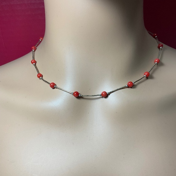 Sterling Silver Necklace with Red Stationed Beads, Coral? 18 inches long - Picture 1 of 5